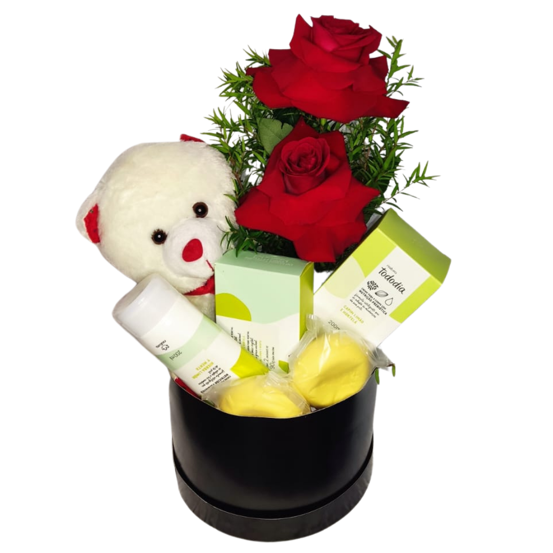 Box Urso, Rosas e Kit Natura 