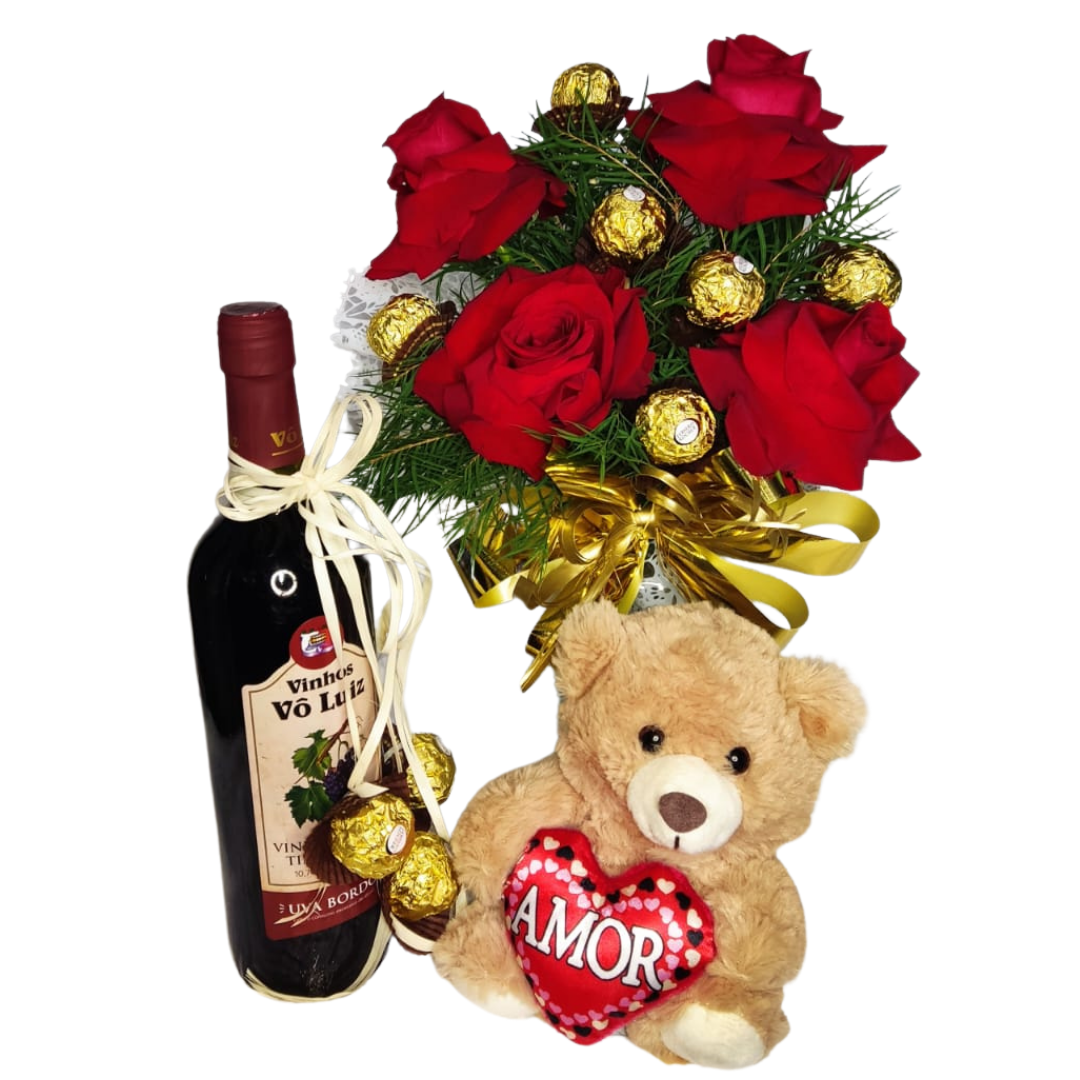 Buquê de Rosas, Urso, Chocolates e Vinho 