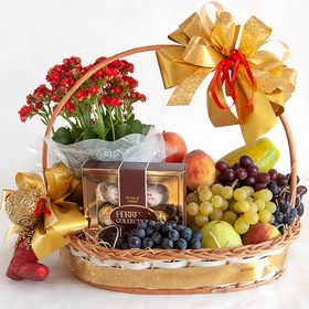 Cesta de frutas, chocolate e vaso de flor 