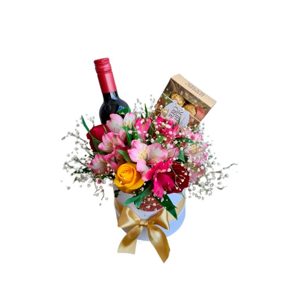 Kit Mini vinho, flores e chocolates