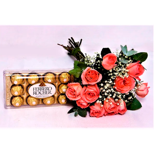 Buquê 12 Rosas Bebê + Ferrero Rocher