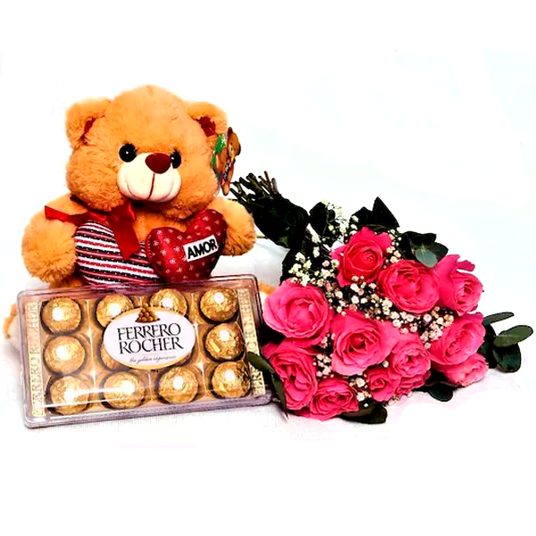 Buquê Rosas, Chocolate e Urso