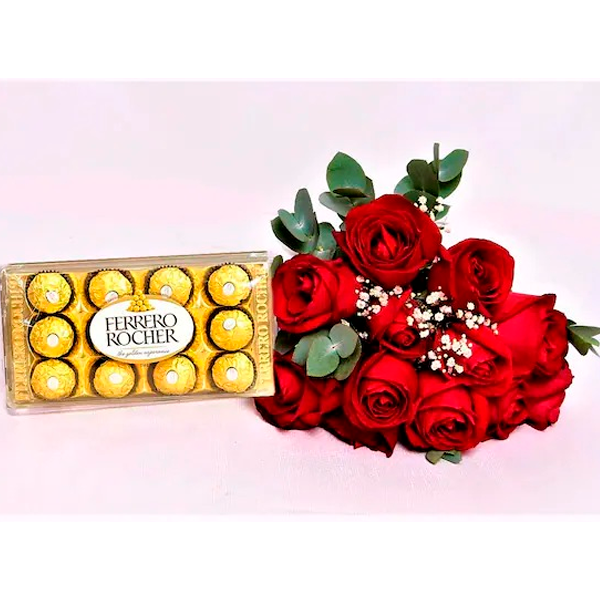 Buquê 12 Rosas Vermelhas + Ferrero Rocher