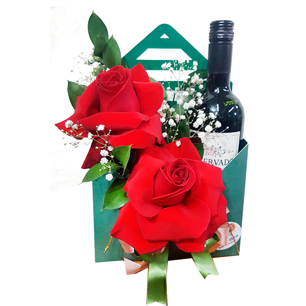 Arranjo com 2 rosas colombianas com vinho