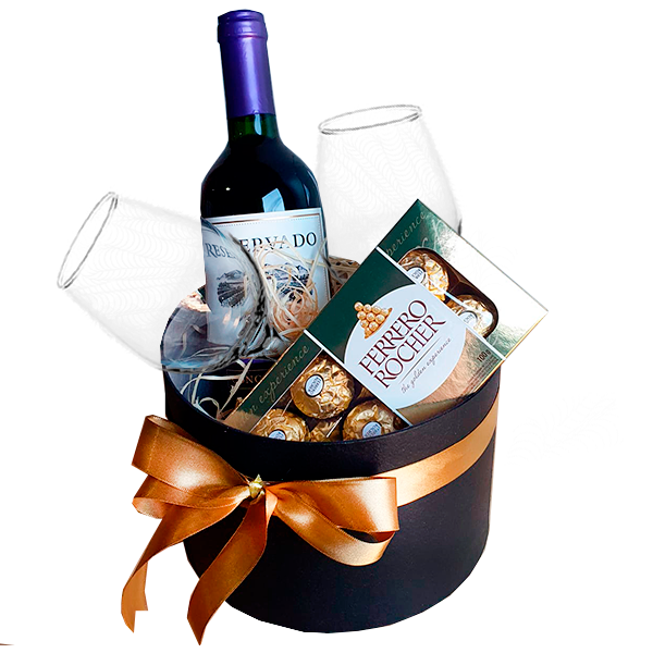 Box com Vinho, Taças e Chocolates