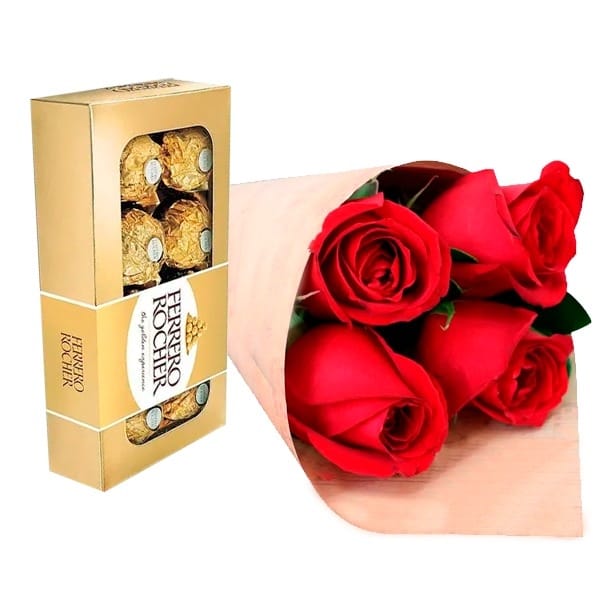 Buquê de 4 Rosas Vermelhas e Ferrero Rocher