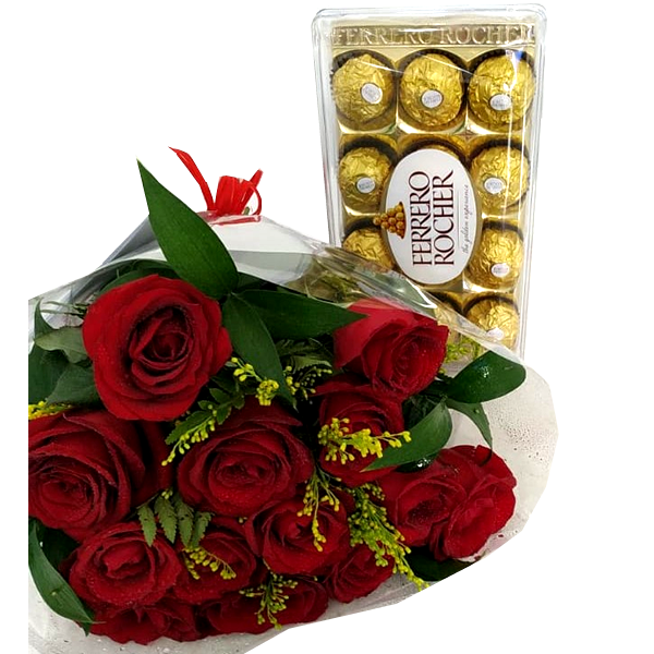 Buquê 12 Rosas vermelhas com Tango e Ferrero Rocher