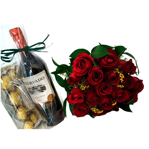 Buquê 24 Rosas, Vinho e Chocolate