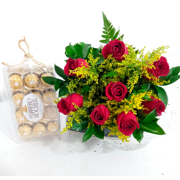 Buquê 8 Rosas Vermelhas mais Ferrero Rocher