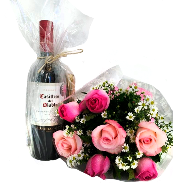 Buquê 7 rosas, Chocolates e Vinho