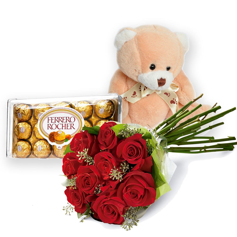 Buque de 09 Rosas Vermelhas, Ferrero de 12 e Pelúcia 