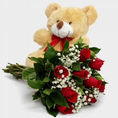 Buque de 12 Rosas Vermelhas com urso