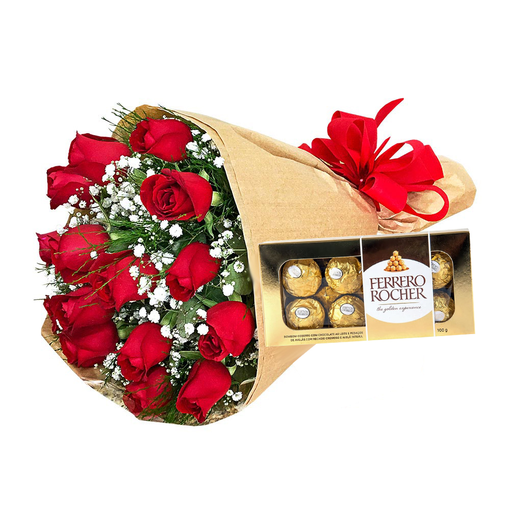 Promoção do dia -  Buque Com 15 Rosas Vermelhas No Pardo e Ferrero c/08