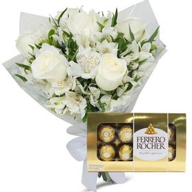 Buque de 05 Rosas Brancas e Astromelias e Ferrero de 08