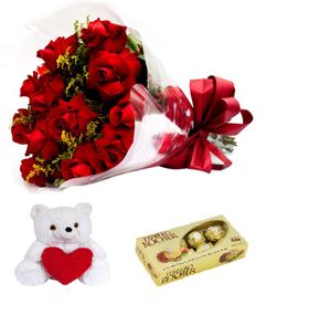 Buque de 12  Rosas Vermelhas, Urso e Ferrero de 8
