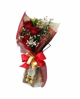 Premium - Buque de 03 Rosas Vermelhas com Ferrero Rocher de 8