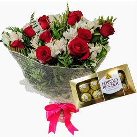 Premium - Buque 18 Rosas Vermelhas na Tela e Ferrero de 08
