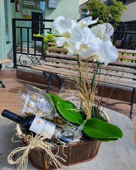 Orquídea branca com vinho e chocolate