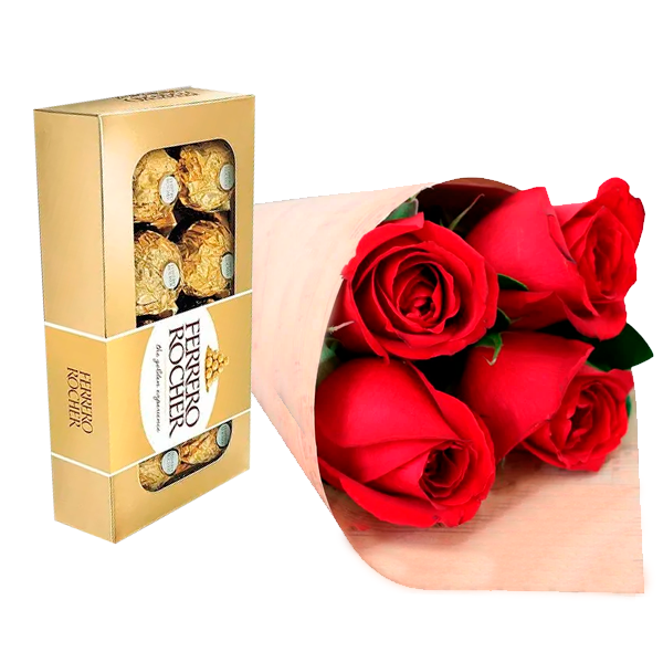 Buquê com 4 Rosas +  Ferrero Rocher