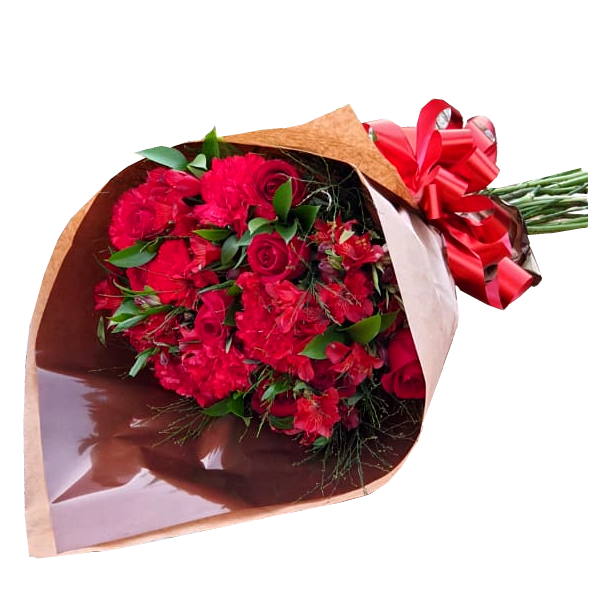 Buquê com 12 Rosas e complementos Vermelhos