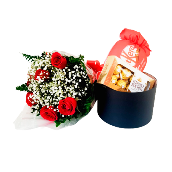 Box com 6 Rosas, Almofada e Chocolate