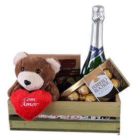 Espumante, Chocolates e Pelúcia em caixa decorada 