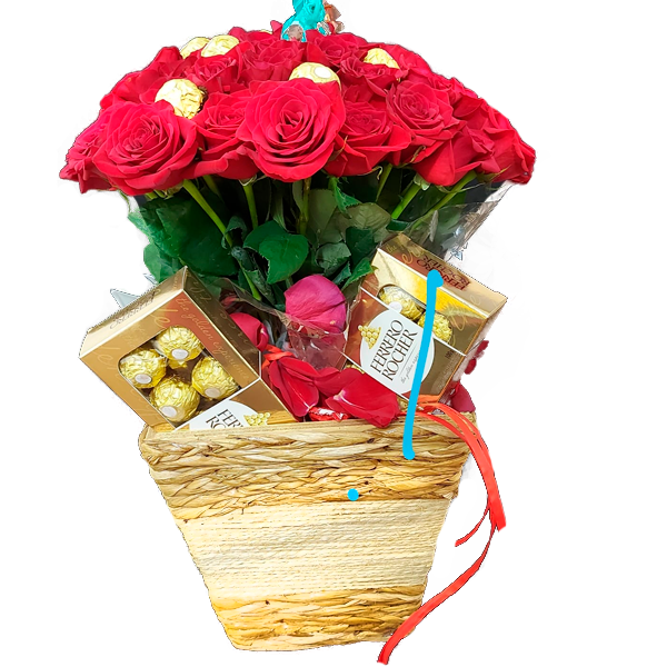 Cachepo Especial com 36 rosas e 24 chocolates Ferrero